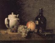 Jean Baptiste Simeon Chardin, Teapot white grape apple bottle knife and Paris